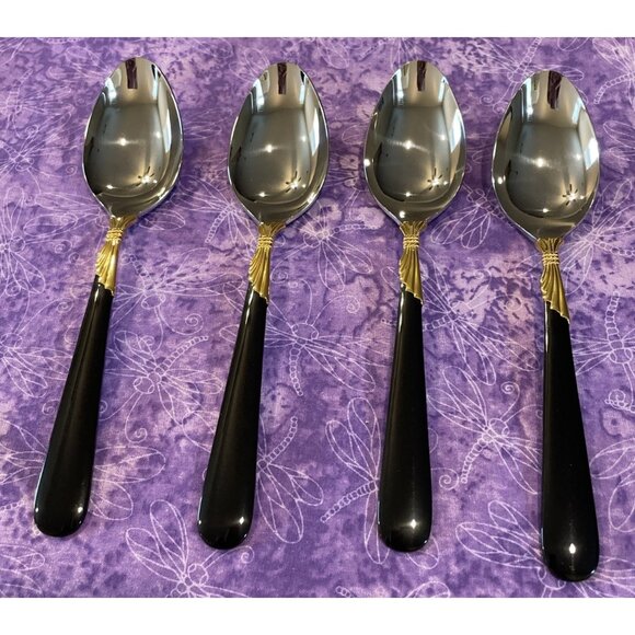 Yamazaki Lindi Oval Soup‎ Spoons Stainless Black Handle Gold Accent Set Of 4 VTG - Picture 1 of 4